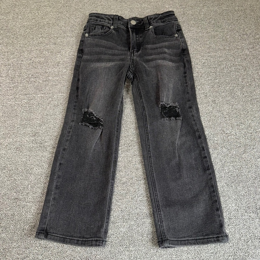 FabKids Girls Size 6 Black Distressed Ripped Knee Straight Leg Jeans Stretch